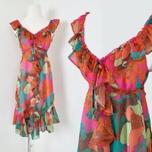Moon Collection Floral Midi Dress Ruffles Colourful Belted Vneck